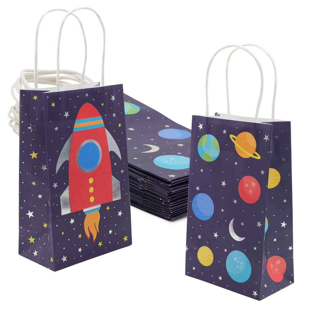 Small Outer Space Party Favor Gift Bags with Handles for Galaxy Birthday (24 Pack)